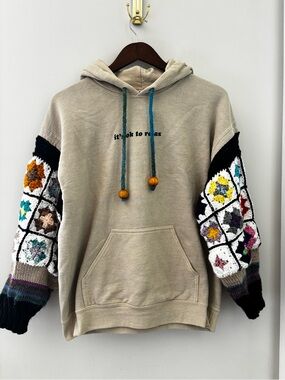 Buzz Crochet Sleeve Hoodie Large Boho Granny Square Sweatshirt Artisan Pullover